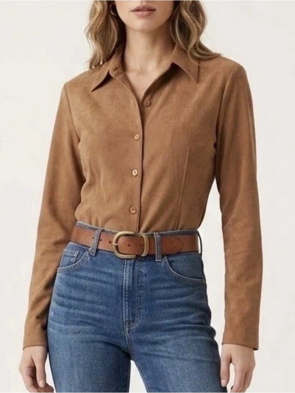 Y2K VTG Rampage Faux Suede Button Up Shirt Large Tan Shacket Western Boho Casua